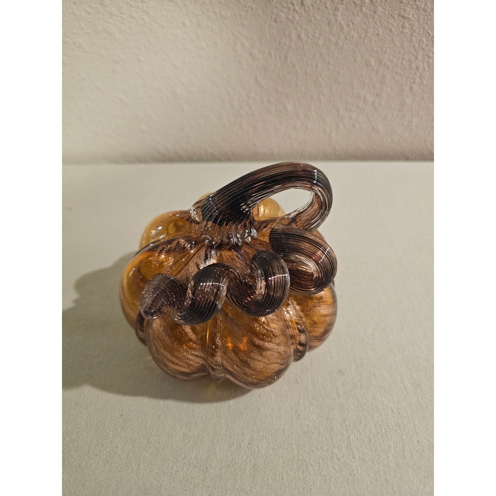 Hand Blown Glass 4.5in Pumpkin Amber Gold Glitter Swirl Decorative Figurine